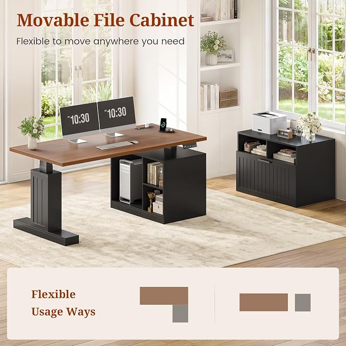 Farmhouse L Shaped Standing Desk with Lateral File Cabinet, 55.1" X 54.3" Electric Executive Desk Adjustable Height with Power Outlets, Shelves, Sit Stand Corner Computer Desk for Home Office, Black