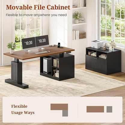 Farmhouse L Shaped Standing Desk with Lateral File Cabinet, 55.1" X 54.3" Electric Executive Desk Adjustable Height with Power Outlets, Shelves, Sit Stand Corner Computer Desk for Home Office, Black