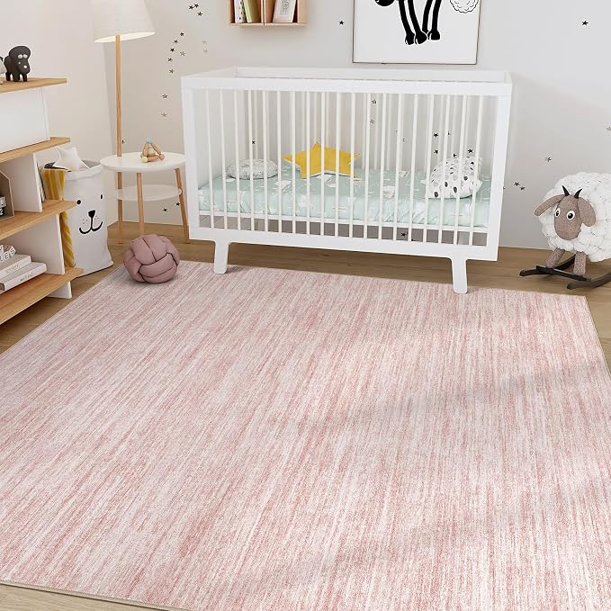 Nakagishi 10x14 Area Rugs Living Room: Washable Large Vintage Rug Neutral Non-Slip Soft Stain Resistant Indoor Carpet for Bedroom Nursery Dining Room Office Playroom - Pink-01