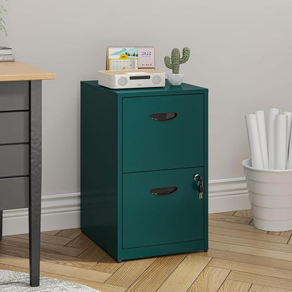 UNICOLY 2 Drawer File Cabinet with Lock, Metal File Cabinets for Home Office, Under Desk Storage, Printer Stand, Office File Cabinets for Letters and File Boxes, Assembly Required, Green