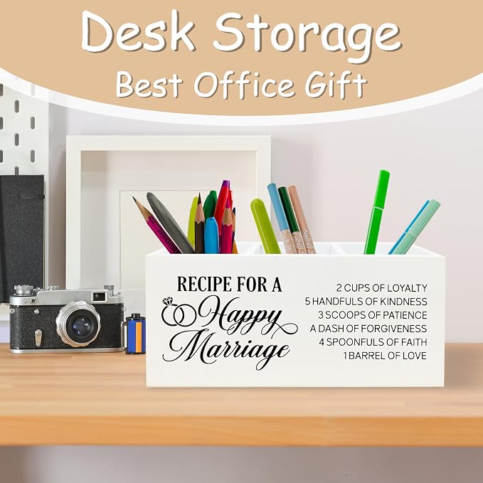 Wedding Gifts for Newlyweds Couples Bride Groom Pen Pencil Holder Organizer for Desk, Just Married Gifts, Recipe for a Happy Marriage Wooden Box Block Sign for Home Tabletop Decor