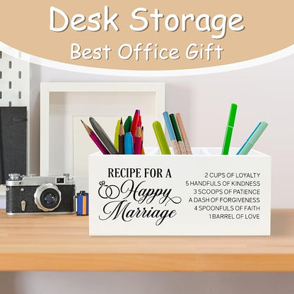 Wedding Gifts for Newlyweds Couples Bride Groom Pen Pencil Holder Organizer for Desk, Just Married Gifts, Recipe for a Happy Marriage Wooden Box Block Sign for Home Tabletop Decor