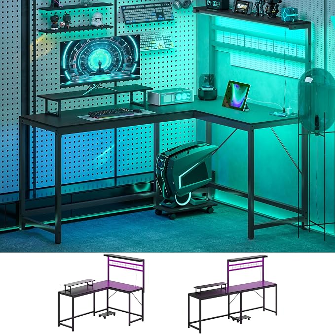 HOMCOM Gaming Desk, 62" L Shaped Desk with Power Outlets & LED Lights, 86" 2 Person Computer Table with Shelf & Rolling CPU Stand, Reversible Corner Office Table with Hutch, Black
