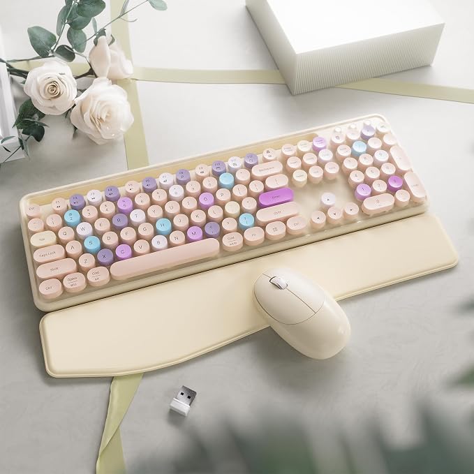 Wireless Keyboard and Mouse, Colorful 104-Key QWERTY with Round Keys, Phone Holder, Wrist Rest, Power Buttons, 2.4GHz USB for PC Laptop (Khaki Colorful)