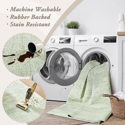 BILEEHOME Modern Abstract Neutral Green Kitchen Rugs Non Slip Washable Low Pile Bedside Rug Runners 2x6 Sage Green Floor Covering Carpet for Bathroom Laundry Room 2 x 6