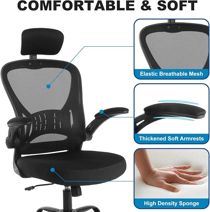Youhauchair Mesh Office Chair, Ergonomic Computer Chair with Flip-up Arms and Lumbar Support, Height Adjustable Home Office Desk Chairs