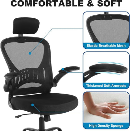 Youhauchair Mesh Office Chair, Ergonomic Computer Chair with Flip-up Arms and Lumbar Support, Height Adjustable Home Office Desk Chairs