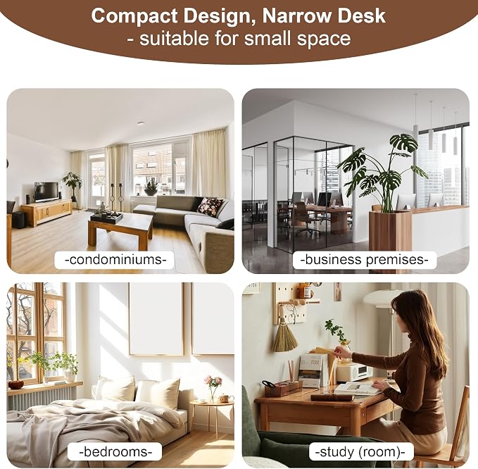 Solid Wooden Desk with Drawers - 32 x 16 Inch Narrow Desks for Small Spaces, Rubberwood Simple Study Table, Small Writing Desk for Bedroom - Modern Black Desks