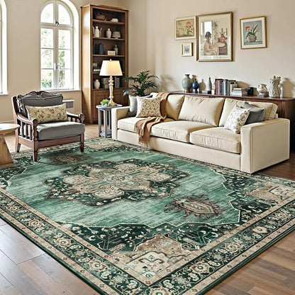 Lofus 5x7 Emerald Green Washable Rugs Non-Slip, Vintage Floral Area Rug for Living Room Bedroom Dining Room Kitchen, Low Pile Distress Print Medallion Carpet Home Decor Rug