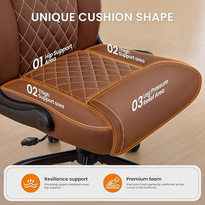 Leather Office Chair, 300lbs Heavy Duty Mid-Back Desk Chairs with Flip-up Armrests, Space-Saving Swivel Task Chair with Wheels, Adjustable Height and Ergonomic Back Support, Brown