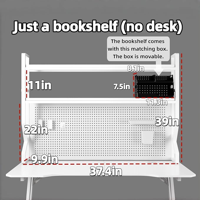Desktop Hutch Bookshelf,Many Gifts,Metal Desktop Bookcase with pegboard, Desk Shelf White, Countertop Storage Organizer Rack for Dorm or Office,Desktop Shelves(White, 37.4" Lx9.9 Wx39 H)