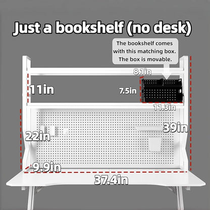 Desktop Hutch Bookshelf,Many Gifts,Metal Desktop Bookcase with pegboard, Desk Shelf White, Countertop Storage Organizer Rack for Dorm or Office,Desktop Shelves(White, 37.4" Lx9.9 Wx39 H)