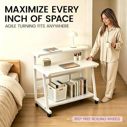 47.2 Inch Compact Rolling Computer Desk with Tier Worktable & Lockable Wheels, Small Computer Desk, Small Desk for Bedroom, Mobile Writing Workstation Easy Assembly for Home Office Small Spaces