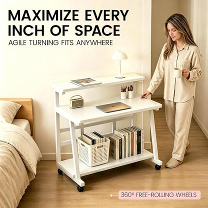 39.4 Inch Compact Rolling Computer Desk with Tier Worktable & Lockable Wheels, Small Computer Desk, Small Desk for Bedroom, Mobile Writing Workstation Easy Assembly for Home Office Small Spaces