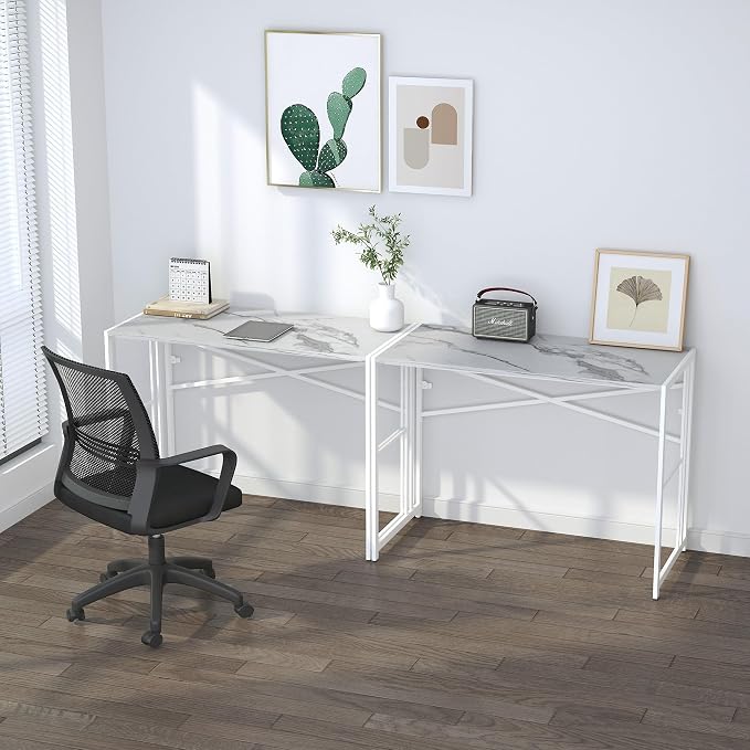 Lutown-Teen Folding Computer Desk 40 inch Writing Gaming Computer Camping Desk, No Assembly Required Home Office Table, White Marble