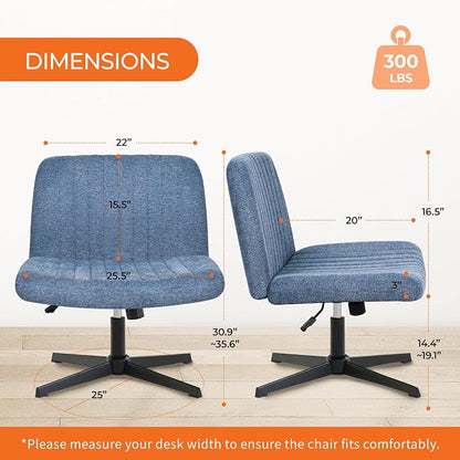 NEO CHAIR Criss Cross Chair No Wheel Vanity Desk Chair Wide Armless Cross Legged Office Comfy Makeup Adjustable Computer Task for Home Office Fabric (Blue)