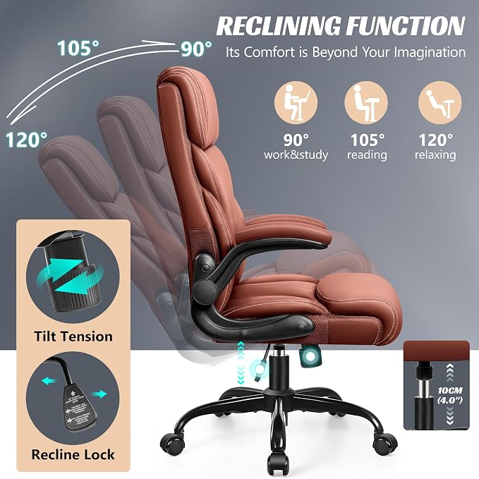HeroSet Office Chair, Ergonomic Big and Tall Computer Desk Chairs, Executive Breathable Leather Chair with Adjustable Flip-up Armrests, Lumbar Support Swivel PC Chair with Rocking Function,Matte Brown