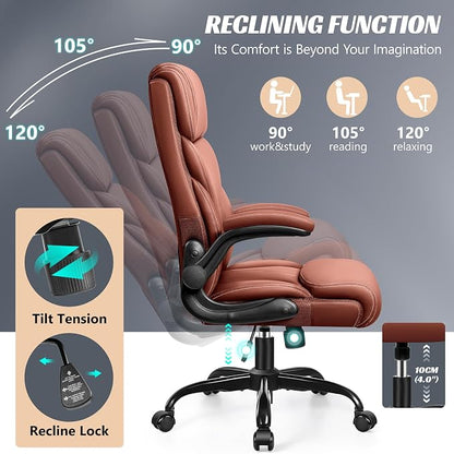 HeroSet Office Chair, Ergonomic Big and Tall Computer Desk Chairs, Executive Breathable Leather Chair with Adjustable Flip-up Armrests, Lumbar Support Swivel PC Chair with Rocking Function,Matte Brown