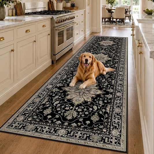 RELEANY Area Rugs Runner 3'x10' Washable Non-Slip, Floral Vintage Distress Medallion Carpet for Kitchen Hallway Bedroom Beside Laundry Room Bathroom, Black Brown Neutral Dark Tan