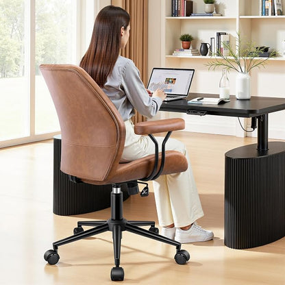 HeroSet Leather Office Chair with Removable Armrests, Mid Back Ergonomic Desk Chair with Lumbar Support, Adjustable Height Rocking Swivel Executive Chair for Home Office, Brown