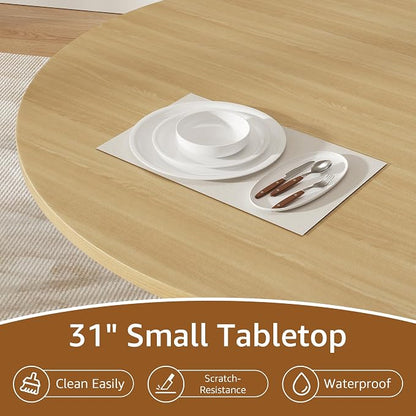 31.5 inch Round Dining Table for 2, Small Dinner Table with 2-Layer Storage Shelf, Morden Circle Kitchen Table with Wood Strip Base and Slide Door for Home Dining Room, Living Room, Natural