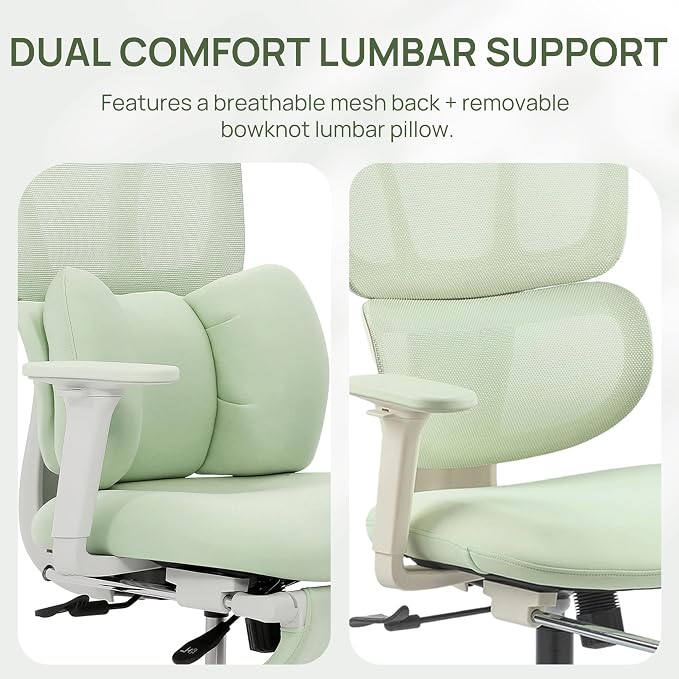 CabLady S1 High Back Ergonomic Mesh Office Chair with Footrest, 300 lbs | 115° Recline Lock, Adjust Seat Depth, 2D Arms, 3D Headrest, Detachable Lumbar Support, Breathable Mesh, BIFMA, Green