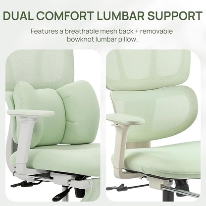 CabLady S1 High Back Ergonomic Mesh Office Chair with Footrest, 300 lbs | 115° Recline Lock, Adjust Seat Depth, 2D Arms, 3D Headrest, Detachable Lumbar Support, Breathable Mesh, BIFMA, Green