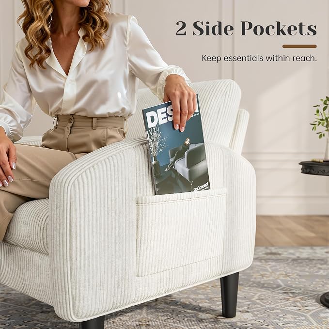 Homkdom Accent Chairs Set of 2 for Living Room,Mid Century Modern Reading Chair with 2 Side Pockets,Upholstered Armchair for Apartment,Small Room,Beige