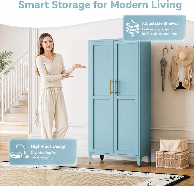 Metal Storage Cabinet with Lock,Blue Steel Tool Cabinet with 3 Adjustable Shelves,61 Tall Freestanding Heavy Duty Garage Locker for Home Office Kitchen 61" H X 27.6" W X 13.8" D