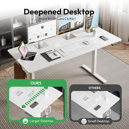 Large Electric Standing Desk,63x28 Inches Adjustable Height Stand up Desk, Sit Stand Home Office Desk, 3 Preset Heights,Equipped with Hooks,Ergonomic Computer Desk Workstation，White
