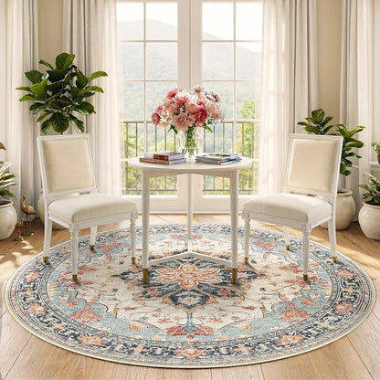 RELEANY Area Rugs Round 5ft Washable Non-Slip, Floral Vintage Distress Medallion Carpet for Living Room Bedroom Dining Room, Beige Navy Blue Orange Colorful