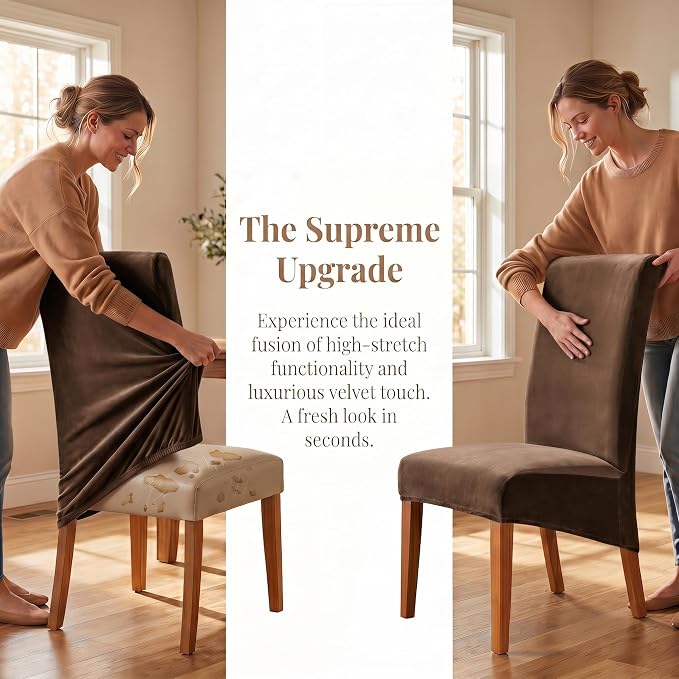 Deisy Dee Stretch XL/Oversized Extra Large Velvet Dining Room Chair Covers for Kitchen Dining，Removable Washable Chair Protectors Slipcovers (Brown, 4)
