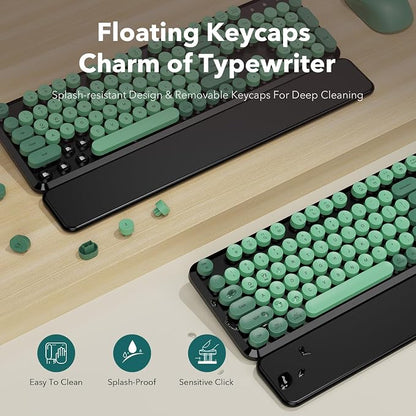 Wireless Keyboard and Mouse Combo, Round Keycaps, Full-Size Retro Typewriter Keyboard with Magnetic Wrist Rest, Tilt Legs, 2.4GHz Cordless for Mac, Windows PC, Laptop, SABLUTE CK23, Black & Green