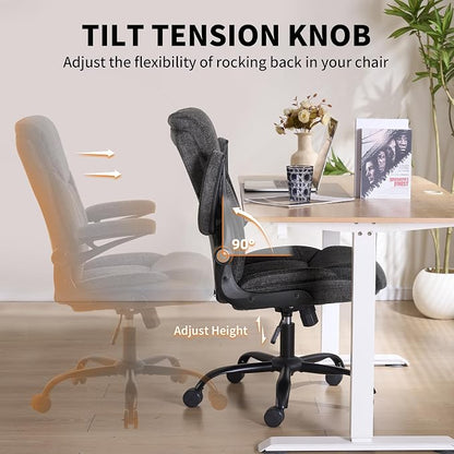 Home Office Ergonomic Desk Chair - Comfy Fabric Executive Chair with Flip-Up Armrests, Height Adjustable Computer Chair for Gaming, 360° Swivel & Rocking (Grey)