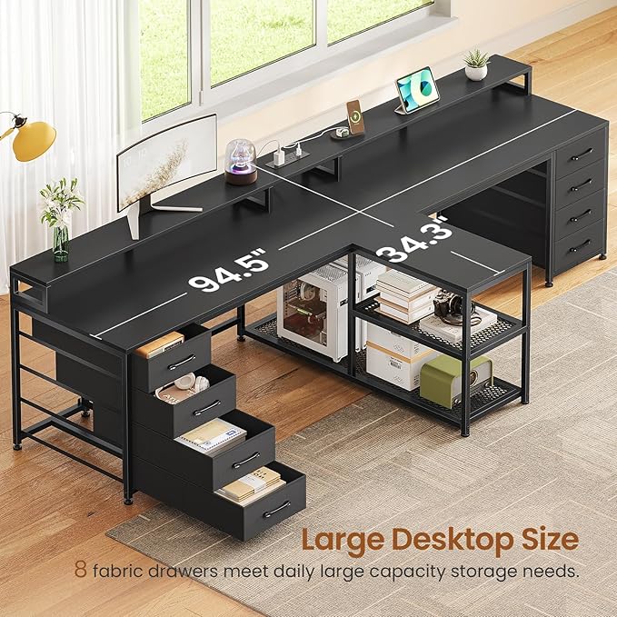 SEDETA 94.5" 2 Person Gaming Desk, Long Office Computer Desk with 8 Drawers & LED Light, Two Person Desk with Storage, Power Strip & Monitor Shelf for Home Office, Black