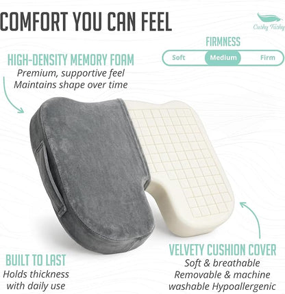 Cushy Tushy Premium Seat Cushion with Moveable Holes, Customizable Foam – Relief for Lower Back, Sciatic, & Tailbone Pain – Perfect for Driving, Home & Office – Gray Fabric Cover