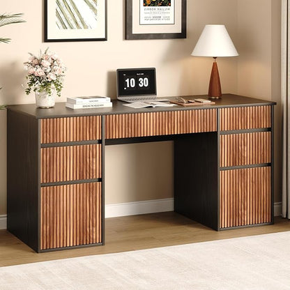 4 EVER WINNER Desk with Drawers, 58" Executive Office Desk with 7 Drawers, Computer Desk with File Drawers for Living Room, Home Office, Study Table for Bedroom, Black