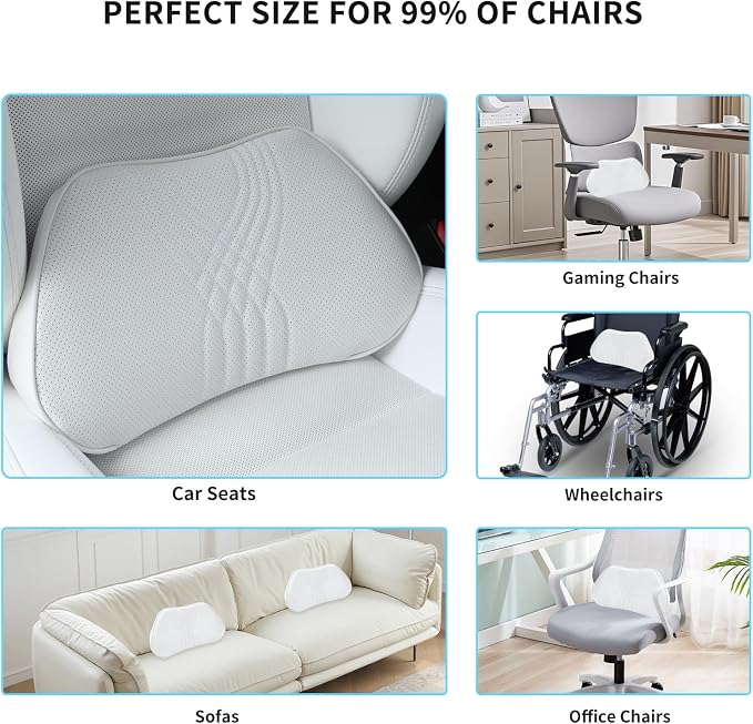Lumbar Support Pillow for Car Seat, Office Chair Leather Memory Foam Lower Back Cushion for Back Pain Relief Improve Posture, Ergonomic Back Rest for Gaming Chair, White, 1PC