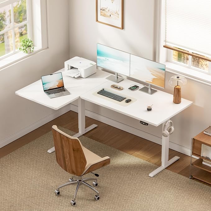 Klicelor L Shaped Standing Desk, 55 Inch Electric Height Adjustable Desk with Memory Preset, Reversible Sit Stand Up Computer Workstation for Home Office, Splice Board, White