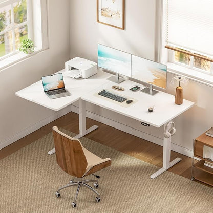 Klicelor L Shaped Standing Desk, 55 Inch Electric Height Adjustable Desk with Memory Preset, Reversible Sit Stand Up Computer Workstation for Home Office, Splice Board, White