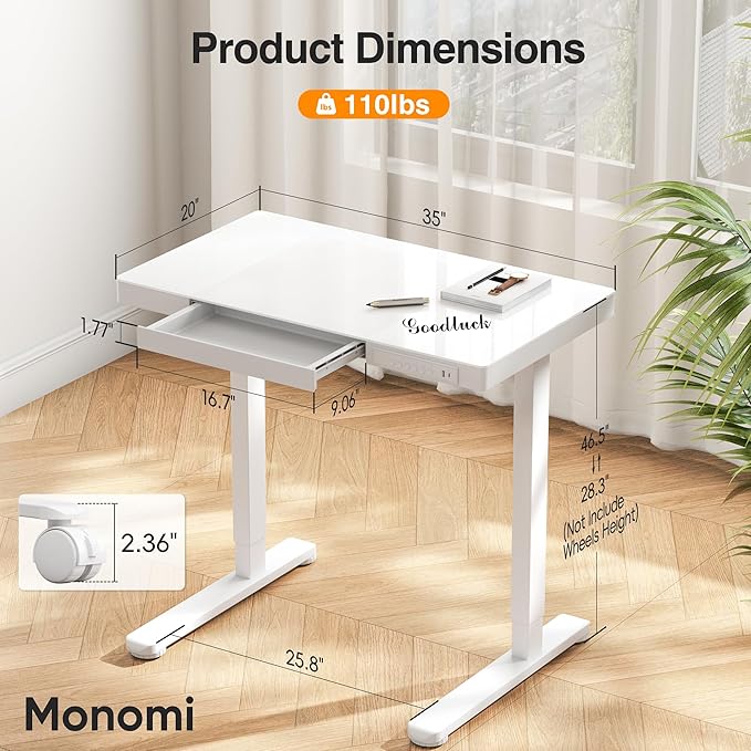 Monomi 35" Glass Standing Desk with Drawer and USB Ports, Electric Height Adjustable Desk for Home Office, White Sit Stand Table with Storage, Easy Assembly Computer Desk for Small Spaces