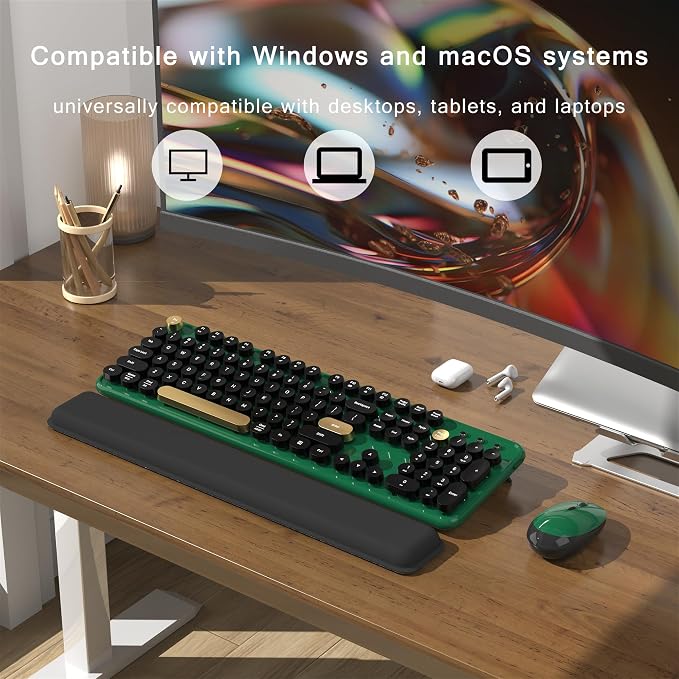 MPTOG Colorful Wireless Computer Keyboard and Mouse Combo with Round Typewriter Keycaps, Retro Design, Power Switch, Ergonomic Design, 2.4GHz Wireless for Windows, Mac, PC(Dark Green)