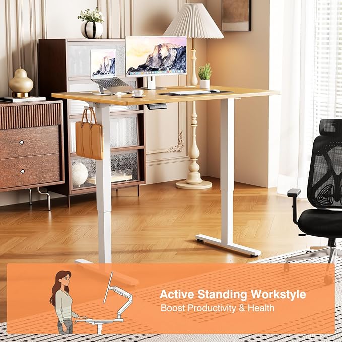 Sweetcrispy Electric Standing Desk Height Adjustable, 40 Inch Sit Stand Up Desk, Home Office Rising Gaming Table Computer Workstation with Memory Preset Splice Board, Oak