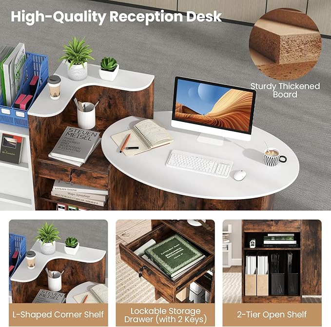 Tangkula Reception Desk, Front Counter Desk with Lockable Drawers, L Shaped Retail Counter with Oval Desktop, Checkout Computer Workstation for Salon Lobby Home Office