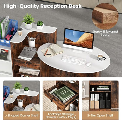 Tangkula Reception Desk, Front Counter Desk with Lockable Drawers, L Shaped Retail Counter with Oval Desktop, Checkout Computer Workstation for Salon Lobby Home Office