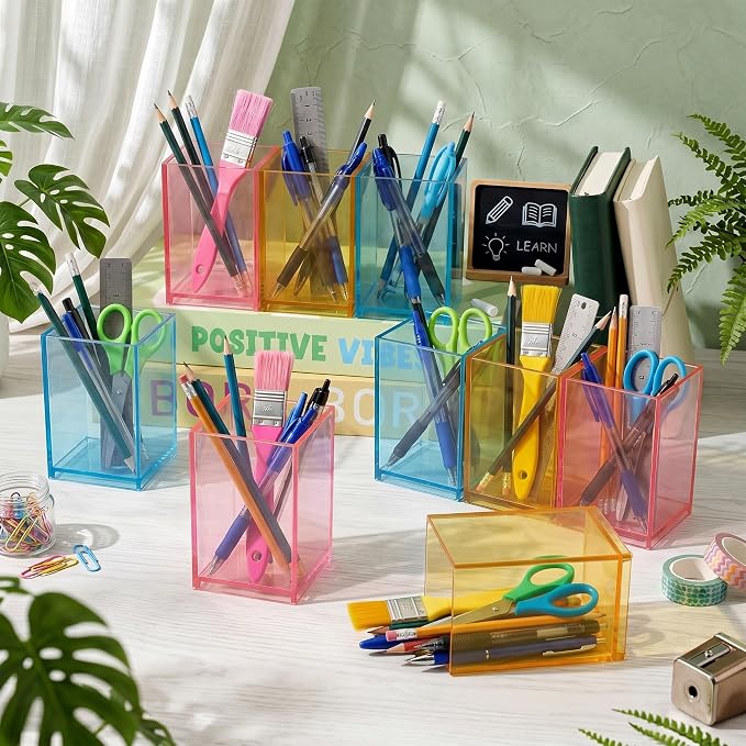 Ctosree 12 Pack Colorful Clear Acrylic Pen Holder for Classroom Acrylic Square Pencil Organizer Pastel Color Pencil Holder Back to School Supplies Gifts Student Teachers Desk Storage Organizer