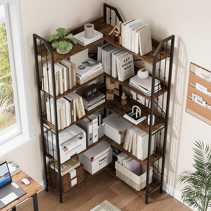 GarveeHome Corner Bookshelf 72" L Shaped Bookcase, Corner Bookshelves Industrial Bookcase 5 Tier L-Shape Bookshelf, Large Bookcases with Beaded Design Tall Display Rack Shelf for Living Room Bedroom