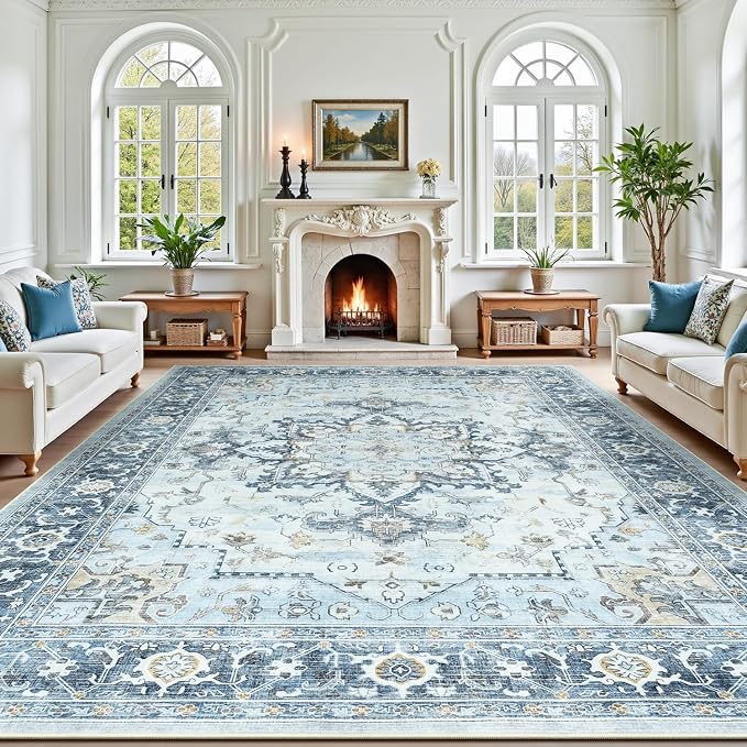 Lofus 8x10 Area Rugs for Living Room, Machine Washable Non-Slip Area Rug, Low Pile Large Rugs for Bedroom, Kitchen, Dining Room, Home Office, Vintage Oriental Print Rug, Blue Gold