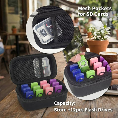 Comecase 12 Slots USB Flash Drive Case, Hard Shell Organizer for Thumb Drives & Jump Drives with Carabiner, Portable USB Case with Removable Pre-cut Sponge & SD Card Mesh Pocket (Jet Black, Small)