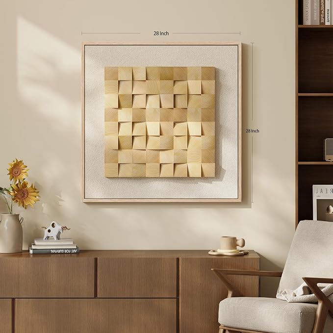 Framed 3D Wood Textured Wall Art, Large Modern Beige Geometric Wooden Artwork for Walls, Minimalist Neutral Square Paintings Wall Decor for Living Room, Dining Room, Bedroom, Office, 28x28 Inch